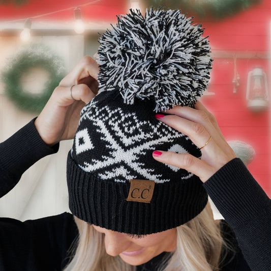 Youth/Adult CC Aztec Print Beanie in Black and White