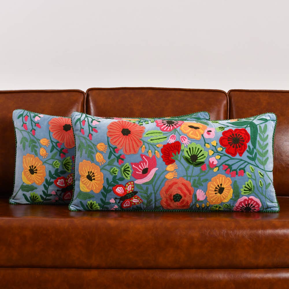 Floral Soft Blue Velvet Pillow 18X28" - Single