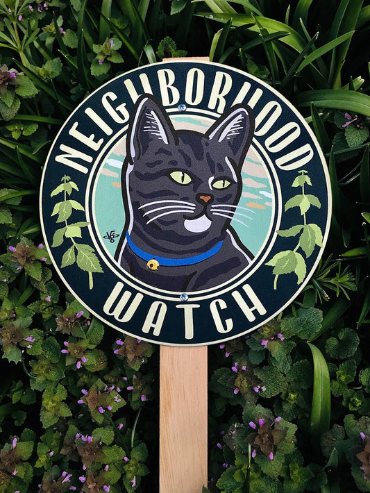 Neighborhood Watch Grey Tabby- Garden Sign: Wood Stake Not Included