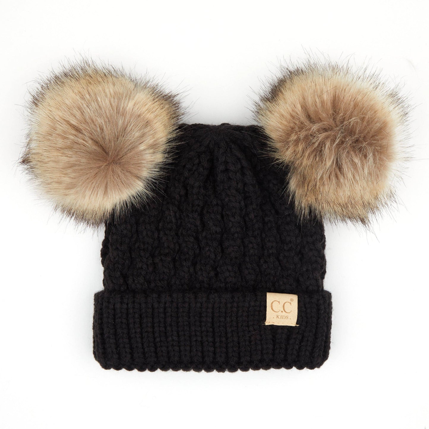 Kids Double Fur Pom Beanie in Black || Fits Size 1T - 4T || (Head Circumference 17" - 20”)