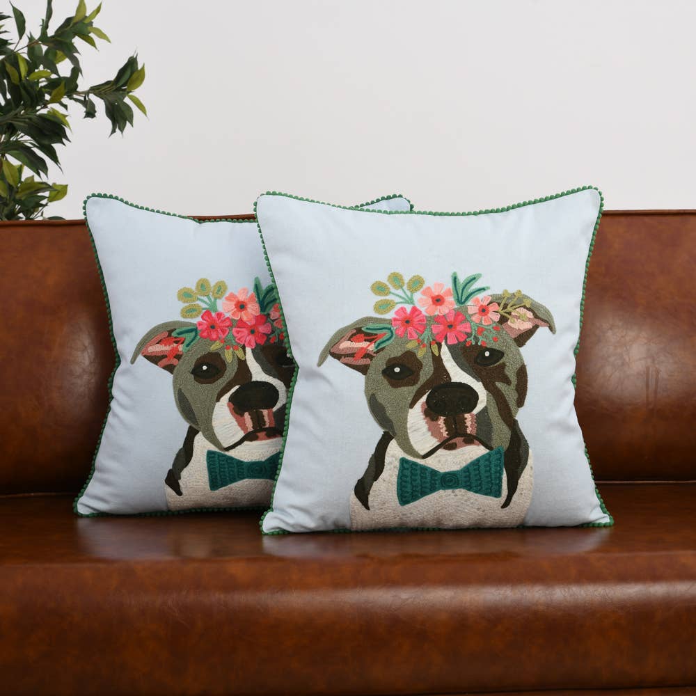 Pitbull Dog with Flower Crown Pillow 18X18" - Single