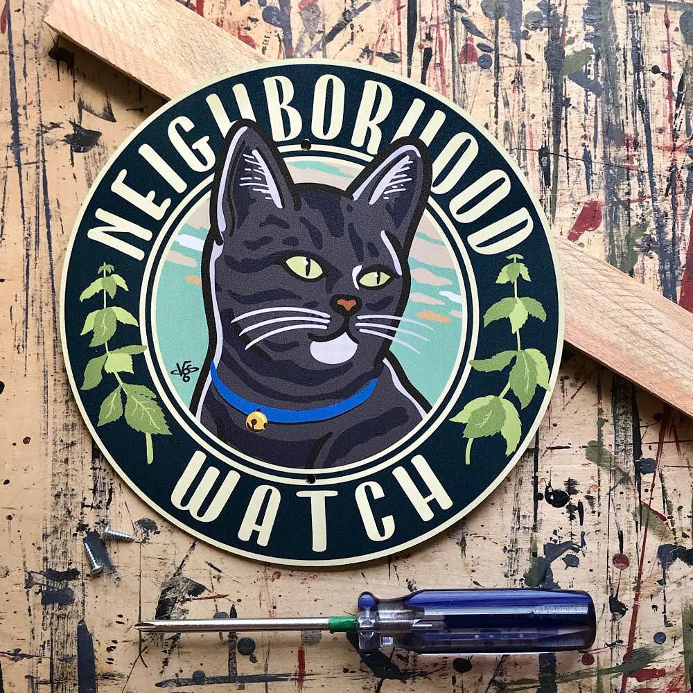 Neighborhood Watch Grey Tabby- Garden Sign: Wood Stake Not Included