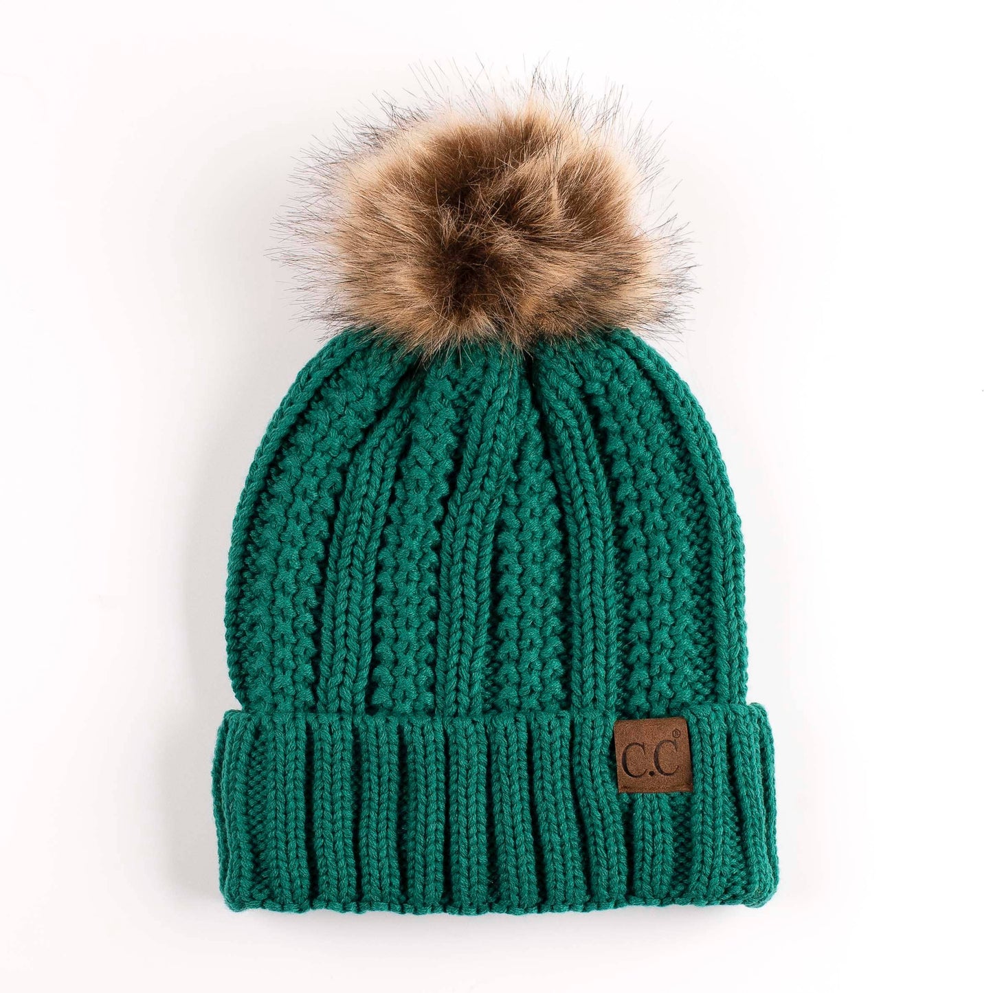Youth/Adult CC Bold Faux Fur Accented Beanie in Sea Green