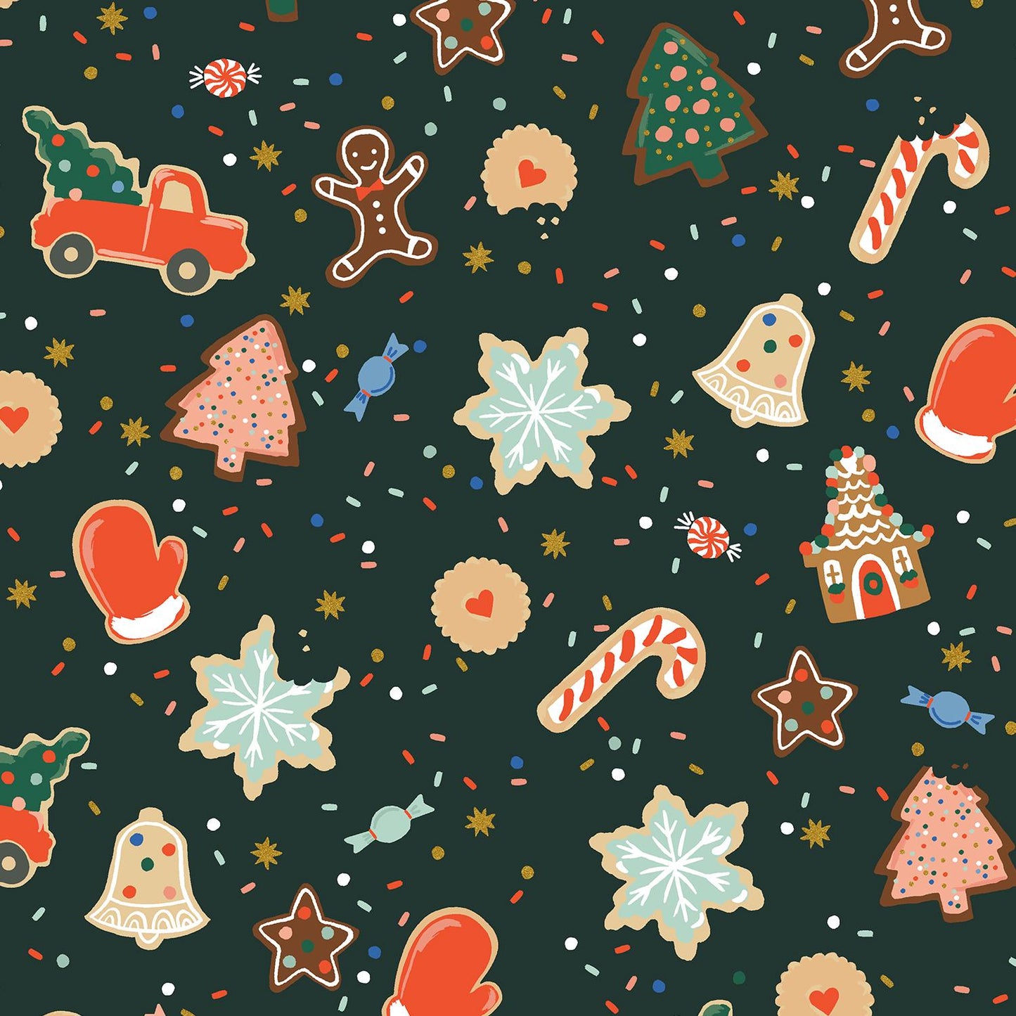 Rifle Paper Co. - Christmas Cookies - Evergreen Metallic Fabric - Holiday Classics - Cotton+Steel