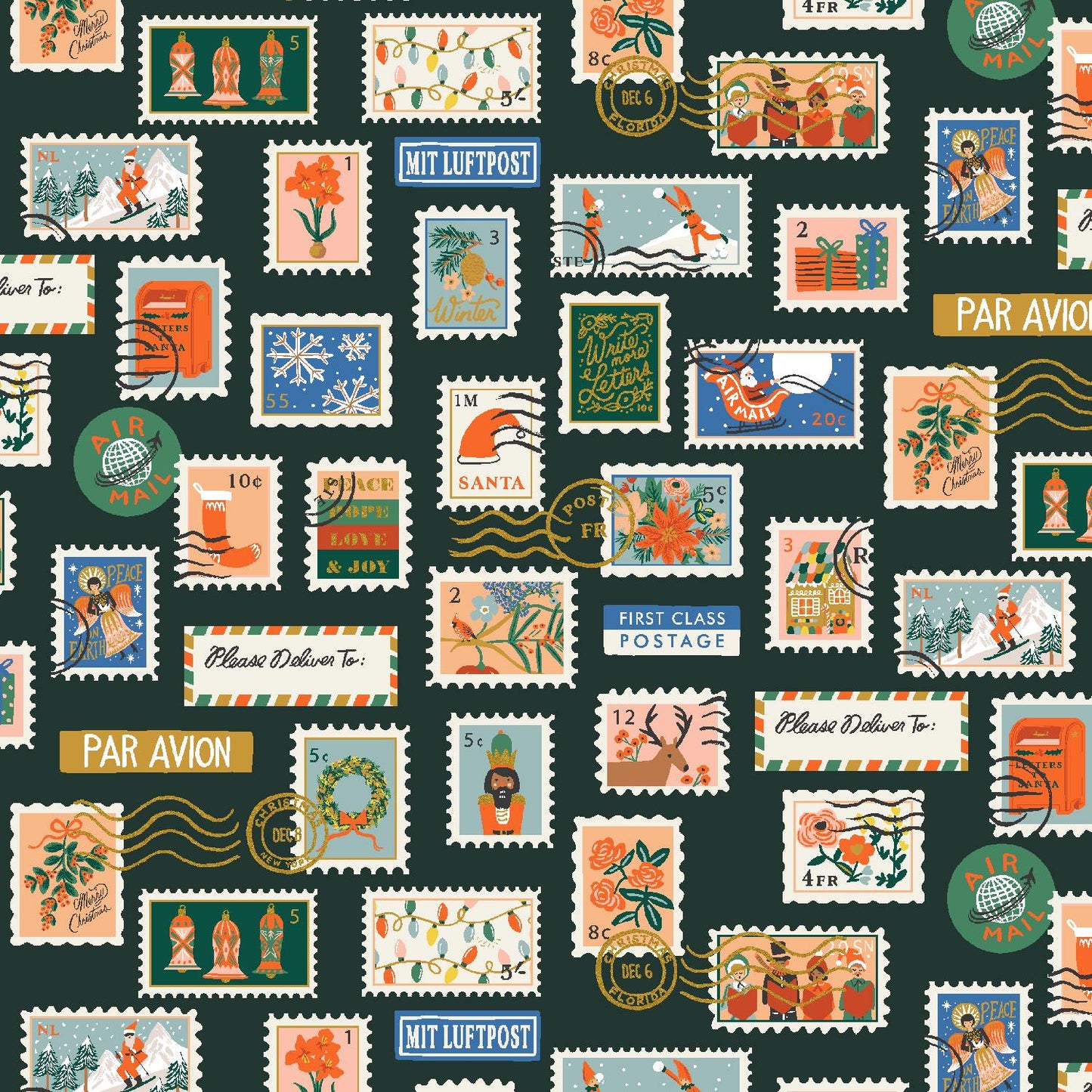 Rifle Paper Co. - Holiday Stamps - Evergreen Metallic Fabric - Holiday Classics - Cotton+Steel