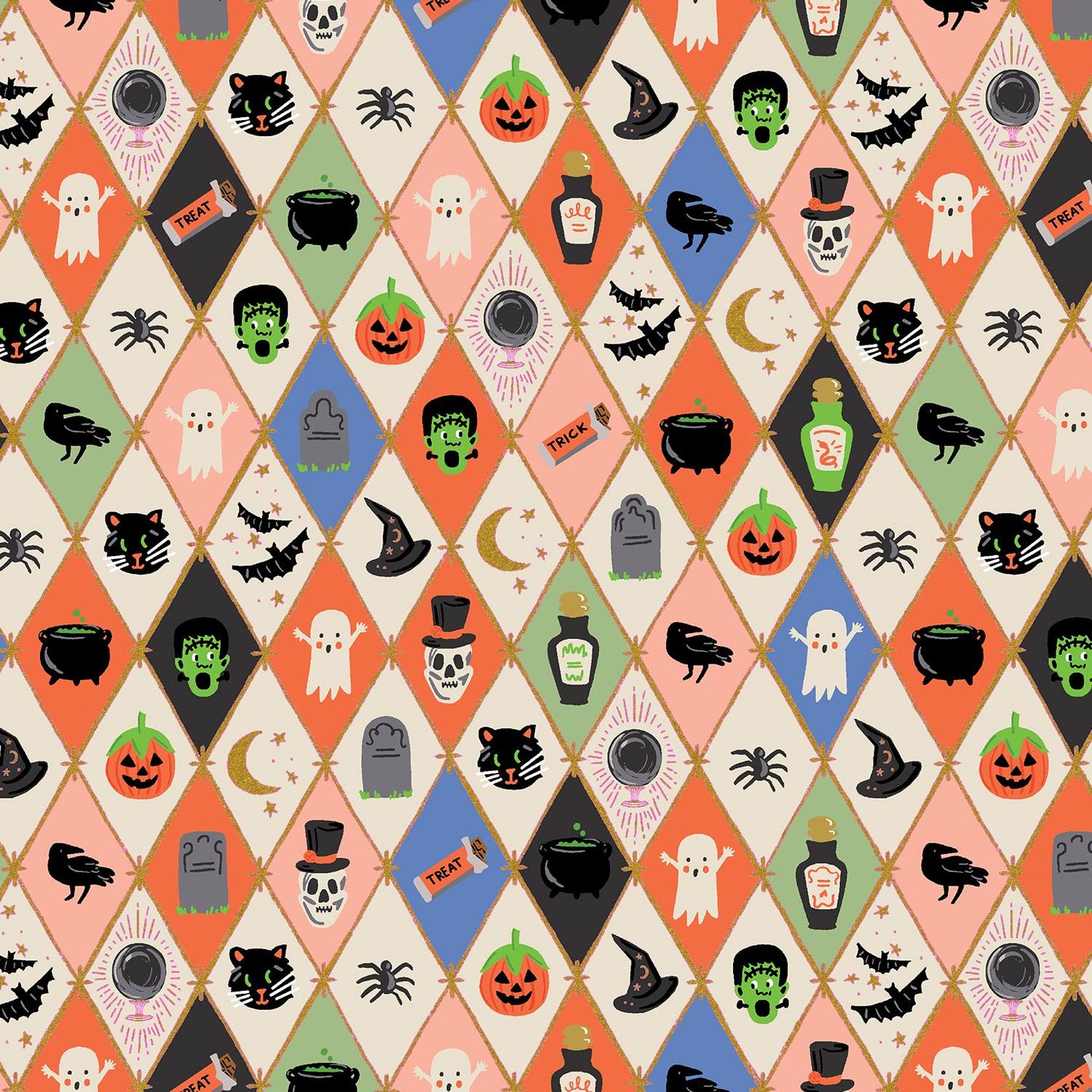 Rifle Paper Co. - Halloween Argyle - Multi & Metallic Gold Metallic Fabric - Halloween - Cotton+Steel