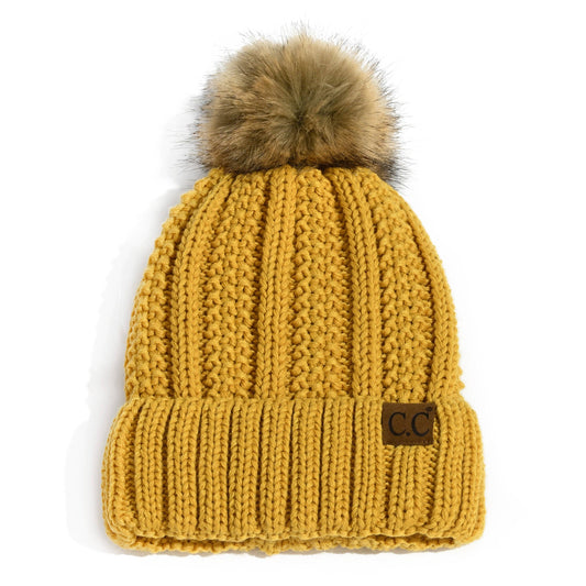 Youth/Adult CC Bold Faux Fur Accented Beanie in Honey Mustard