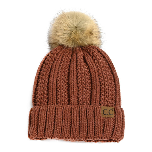 Youth/Adult CC Bold Faux Fur Accented Beanie in Brick
