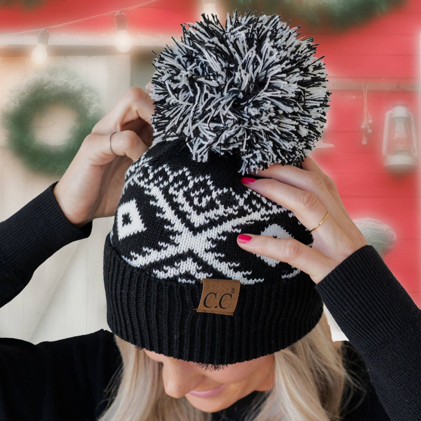 Youth/Adult CC Aztec Print Beanie in Black and White