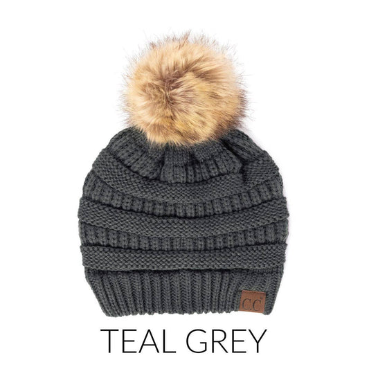 Youth/Adult CC  Beanie with Faux Fur Pom, Acrylic - Teal Grey