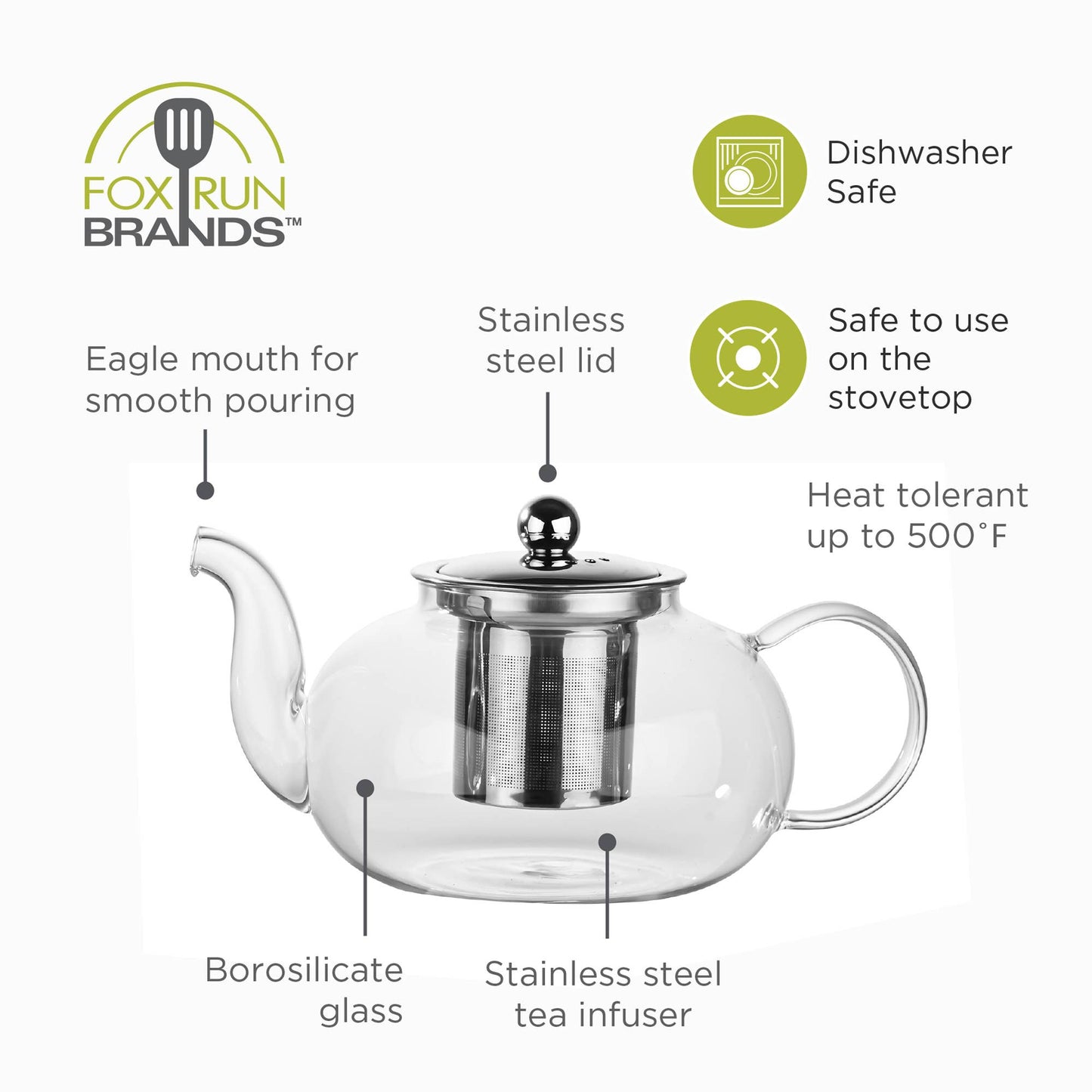 Fox Run Glass Teapot with Infuser, 4 Cup Clear Tea Pot