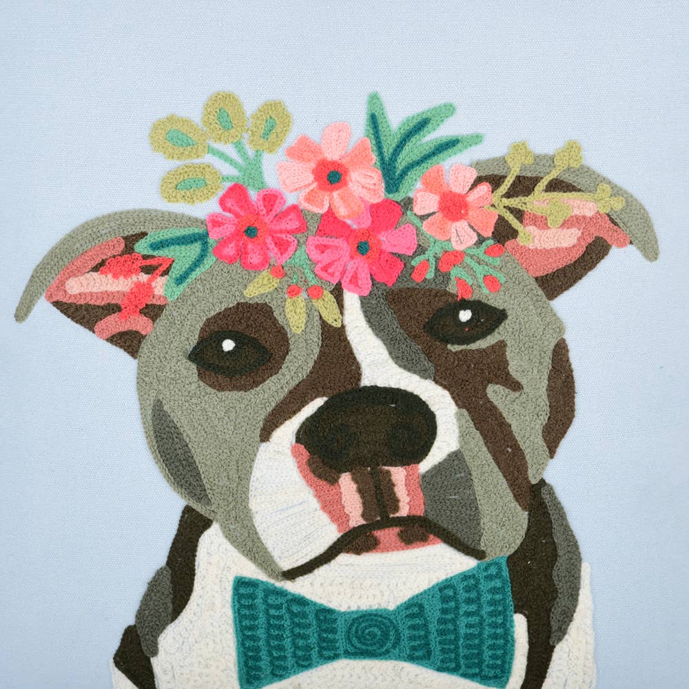 Pitbull Dog with Flower Crown Pillow 18X18" - Single