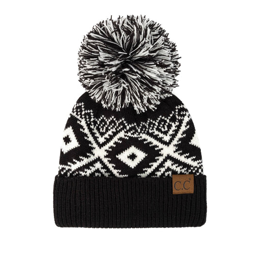 Youth/Adult CC Aztec Print Beanie in Black and White