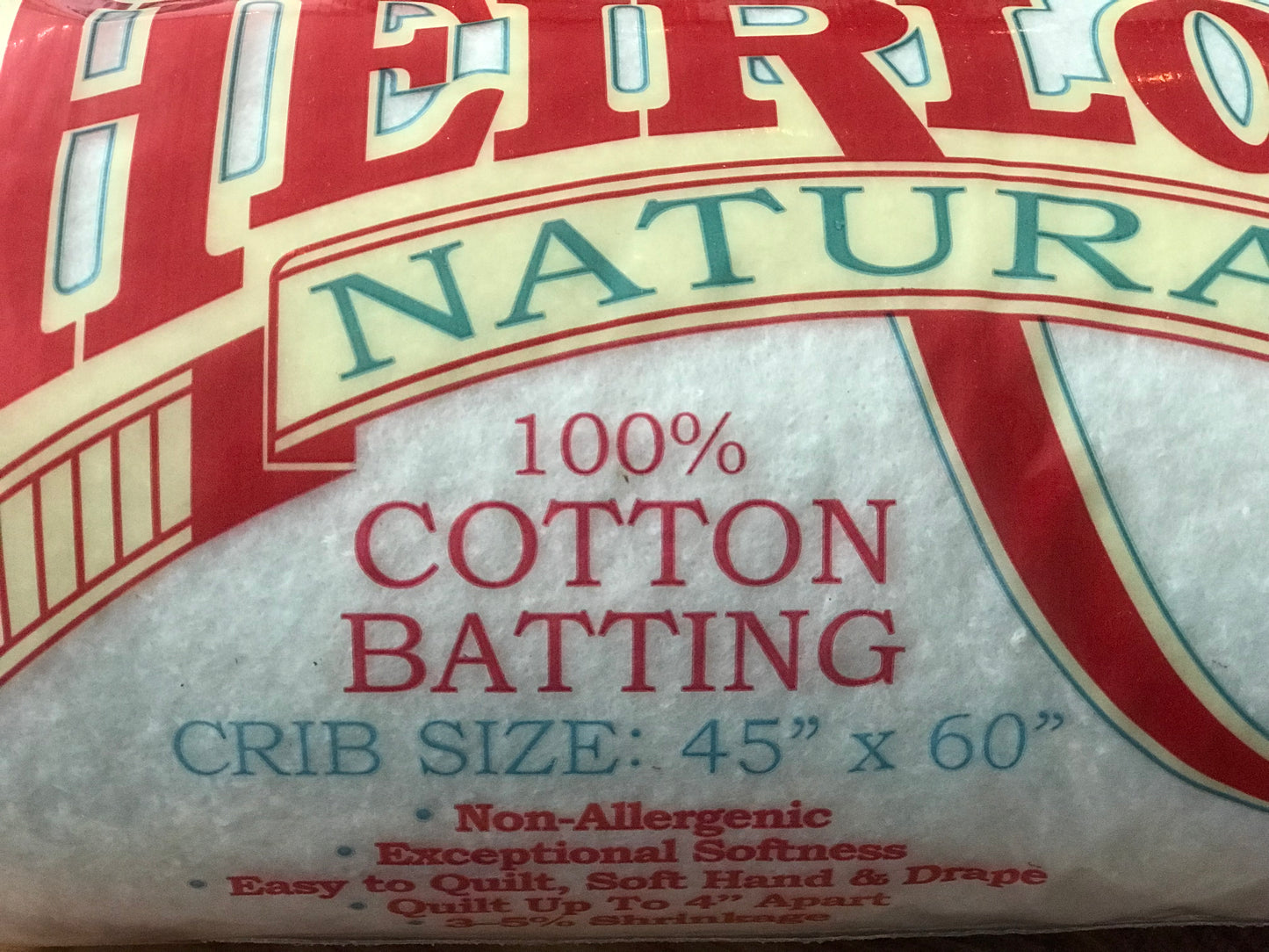 Crib Size Batting Heirloom Natural Unbleached Cotton 45in x 60in # HHN45