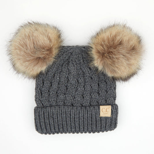 Kids Double Fur Pom Beanie in Dark Melange Grey || Fits Size 1T - 4T || (Head Circumference 17" - 20”)