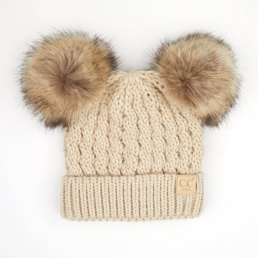 Youth/Adult Double Fur Pom Beanie in Beige  (Head Circumference 20" - 24")