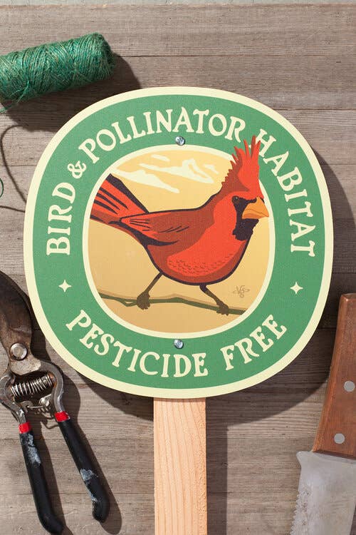 Cardinal Bird & Pollinator Habitat - Garden Sign: Wood Stake Not Included
