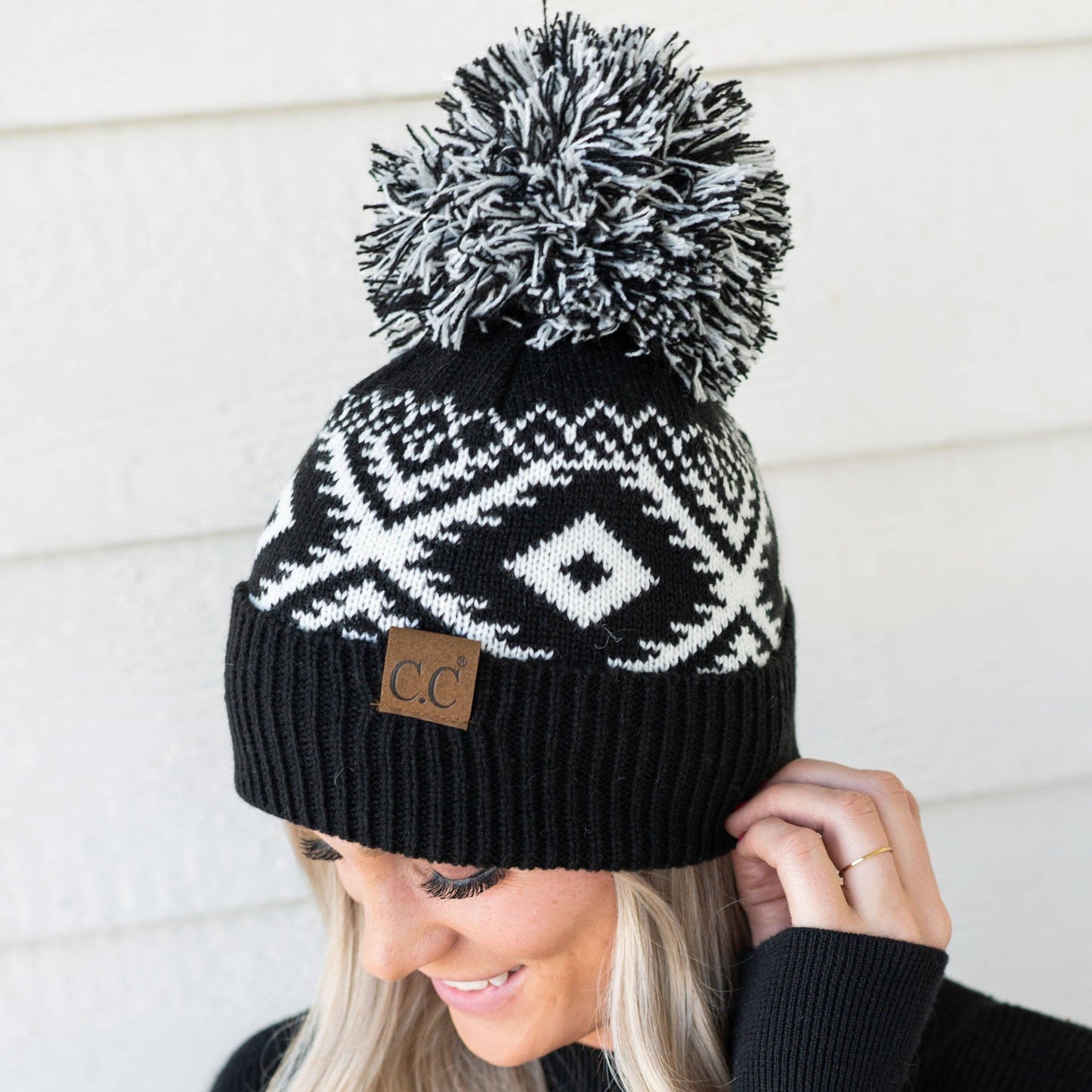 Youth/Adult CC Aztec Print Beanie in Black and White