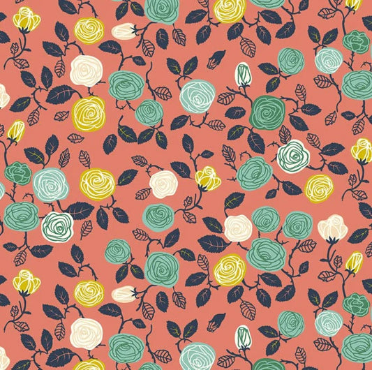 Miriam Bos - Roses Coral - The Hidden Garden - Birch Fabrics - Organic Quilt Cotton