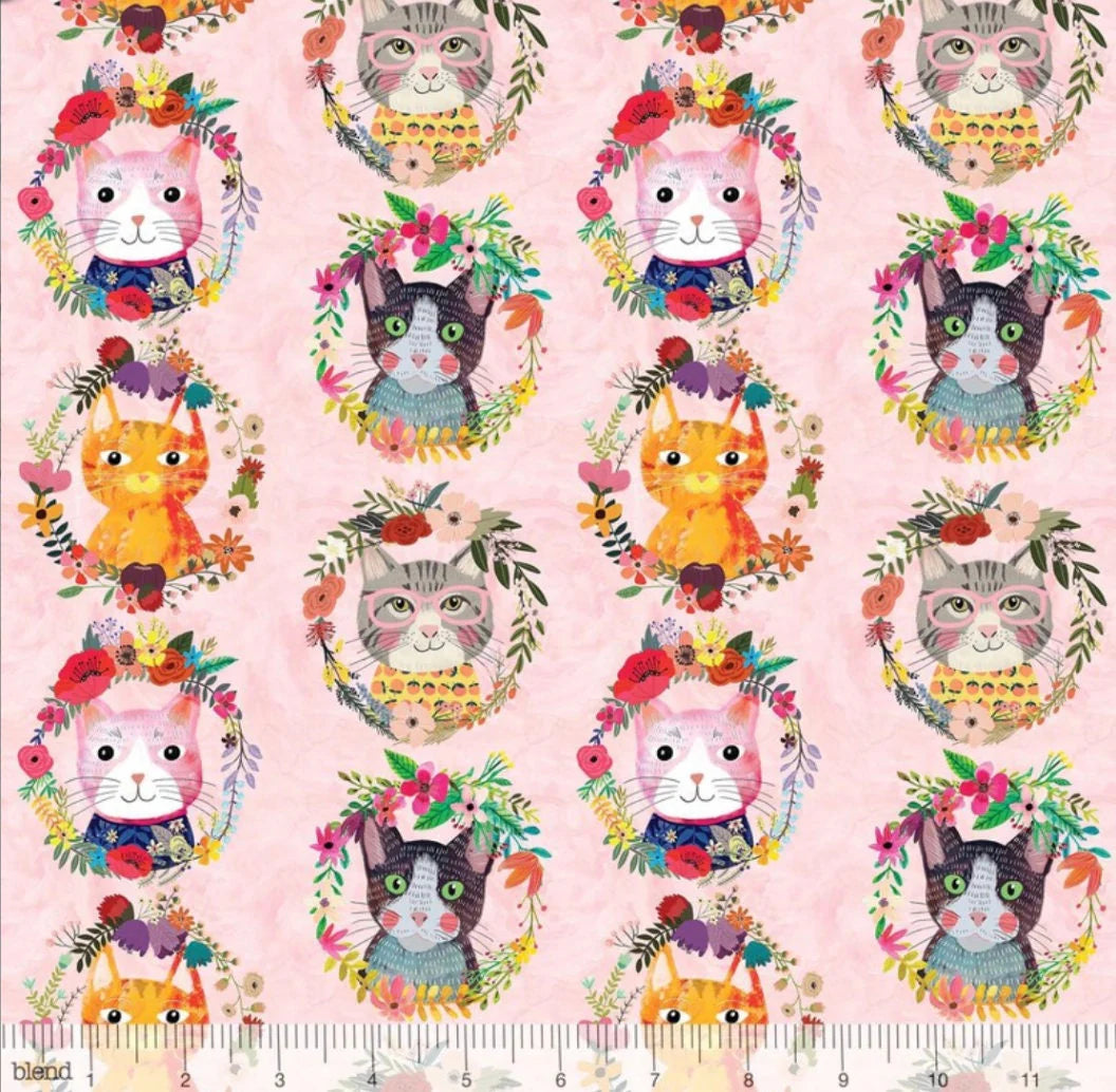 Mia Charro - Kitty Wreaths Pink - Floral Pets - Blend Fabrics