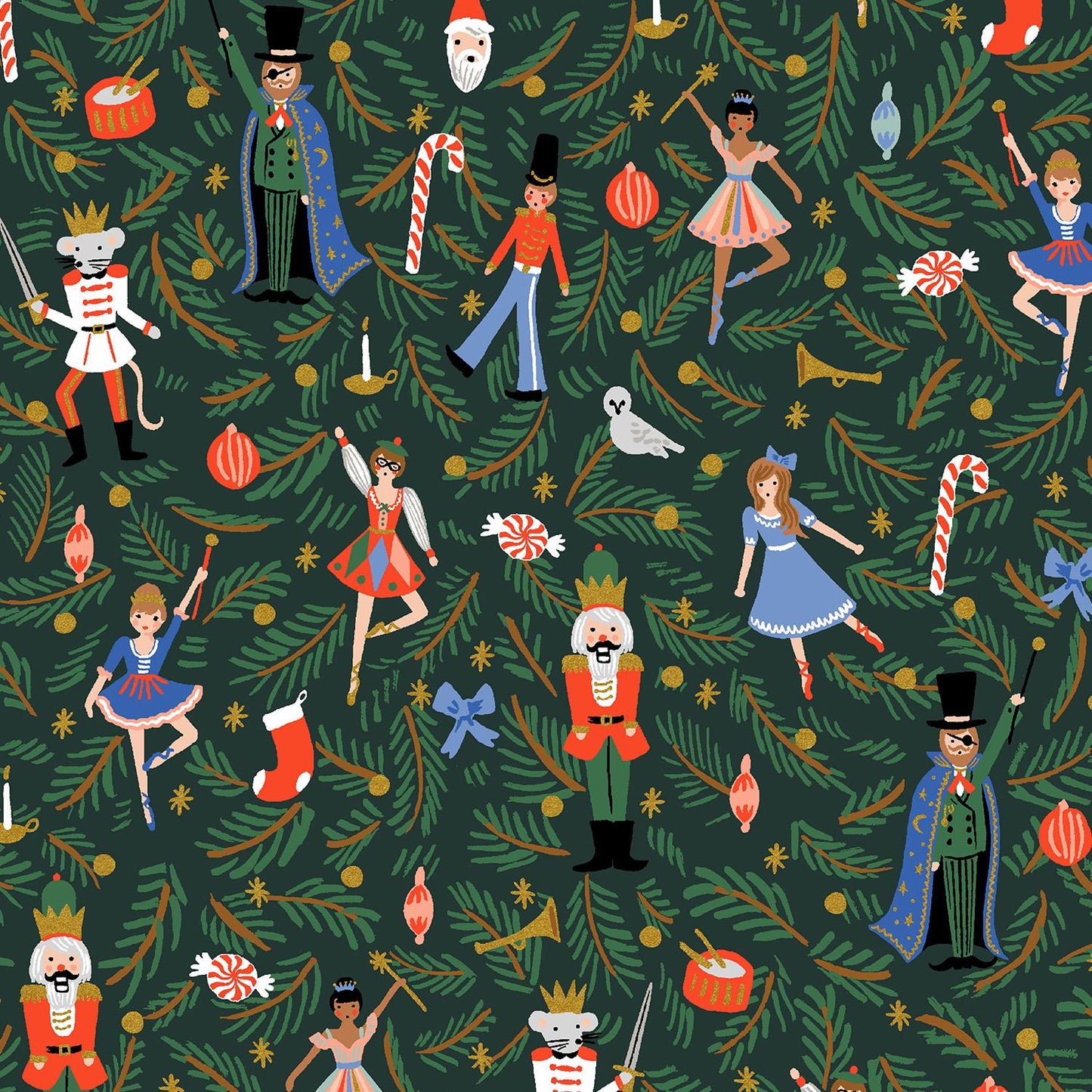 Rifle Paper Co. -  Nutcracker -  Evergreen Metallic Fabric - Holiday Classics -  Cotton+Steel