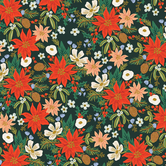 Rifle Paper Co. - Poinsettia Bouquet - Evergreen Metallic Fabric - Holiday Classics -  Cotton+Steel