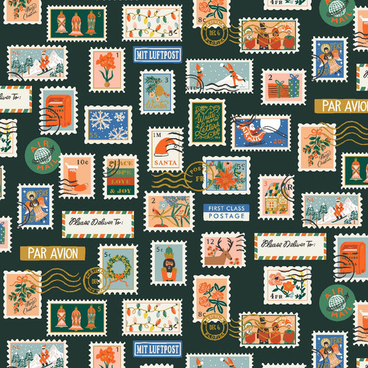 Rifle Paper Co. -  Holiday Stamps - Evergreen Metallic Fabric - Holiday Classics -  Cotton+Steel